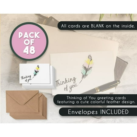 4 x 6 Inches Includes 48 Greeting Cards and Envelopes 48-Pack Thinking of You Note Cards Blank on the Inside Colorful Feather Design